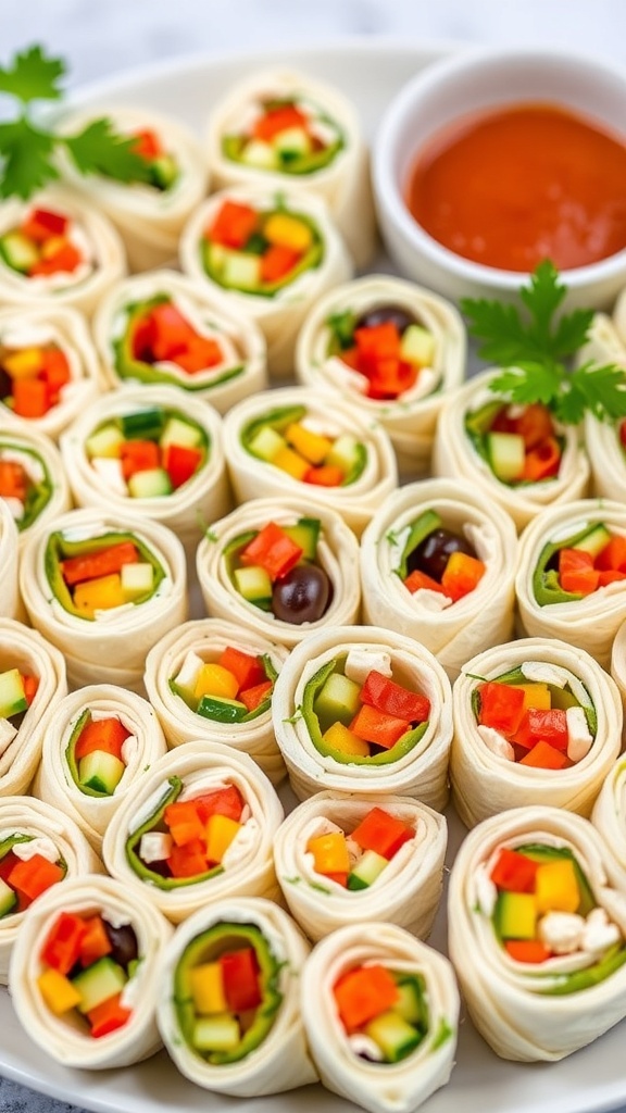 Sliced cream cheese tortilla roll-ups filled with bell peppers and cucumbers on a colorful platter.
